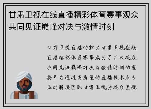 甘肃卫视在线直播精彩体育赛事观众共同见证巅峰对决与激情时刻